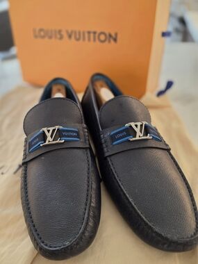 Louis Vuitton Black Leather Loafers with Blue Logo Strap